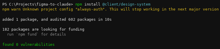 Terminal output showing a successful npm install: 1 package added, 602 packages audited in 10 seconds, 0 vulnerabilities found.